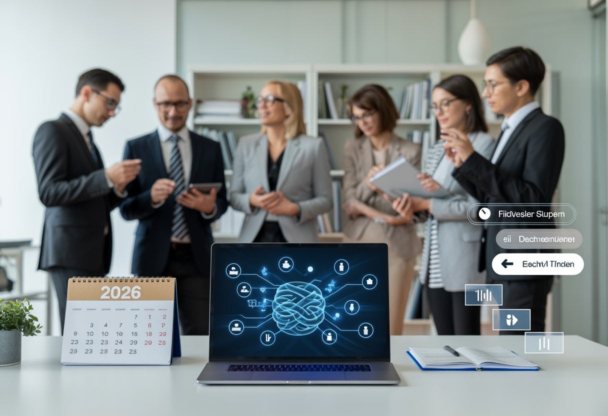 Fachleute aus Recht und IT beraten sich in einem modernen Büro über Datenschutz und künstliche Intelligenz.