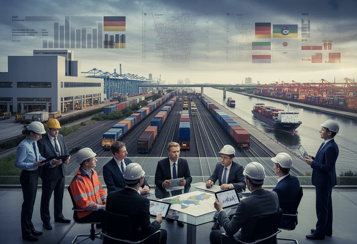 Deutsche Industrie- und Logistiklandschaft mit Beschäftigten und Wirtschaftsentscheidern vor einer Fabrik und einem Hafen.