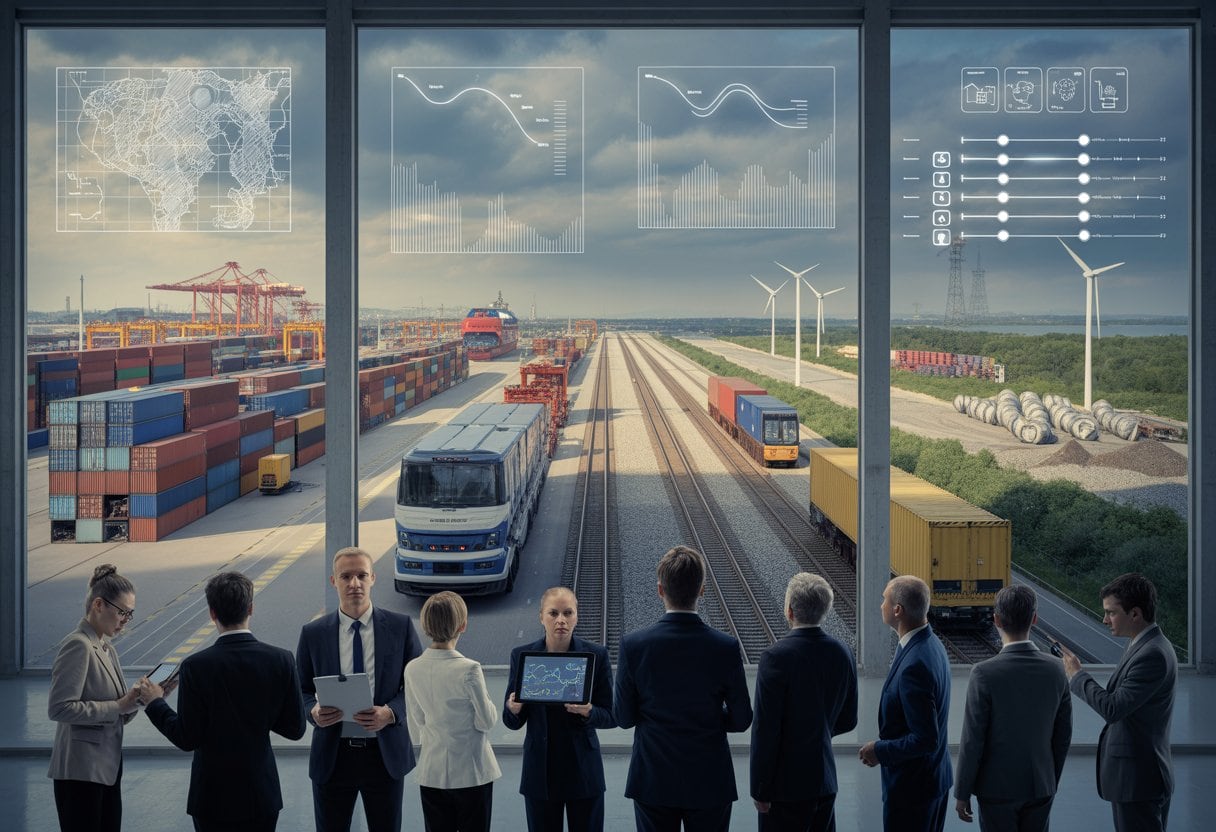Fachleute beraten sich in einem modernen Zentrum vor einer Hafen-, Energie- und Logistiklandschaft.