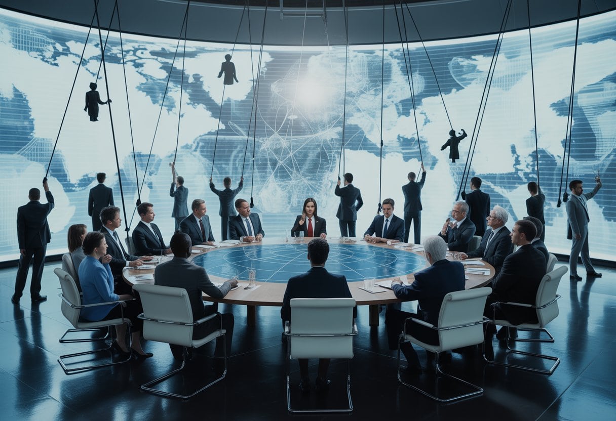 Eine Gruppe von Menschen in einem Konferenzraum um einen globusförmigen Tisch versammelt, mit digitalen Bildschirmen und subtilen Hinweisen auf Macht und Einfluss.