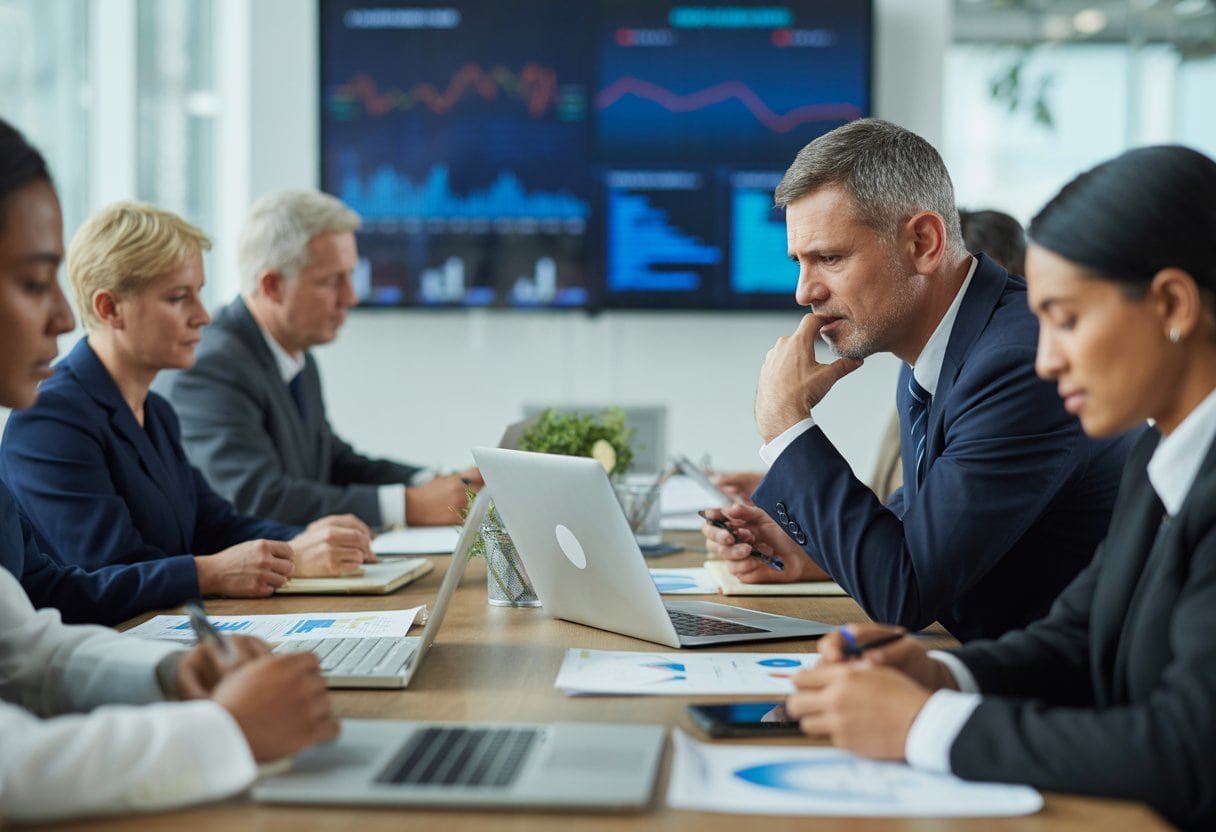 Menschen in einem modernen Büro sitzen um einen Konferenztisch und arbeiten konzentriert mit Laptops und Dokumenten.