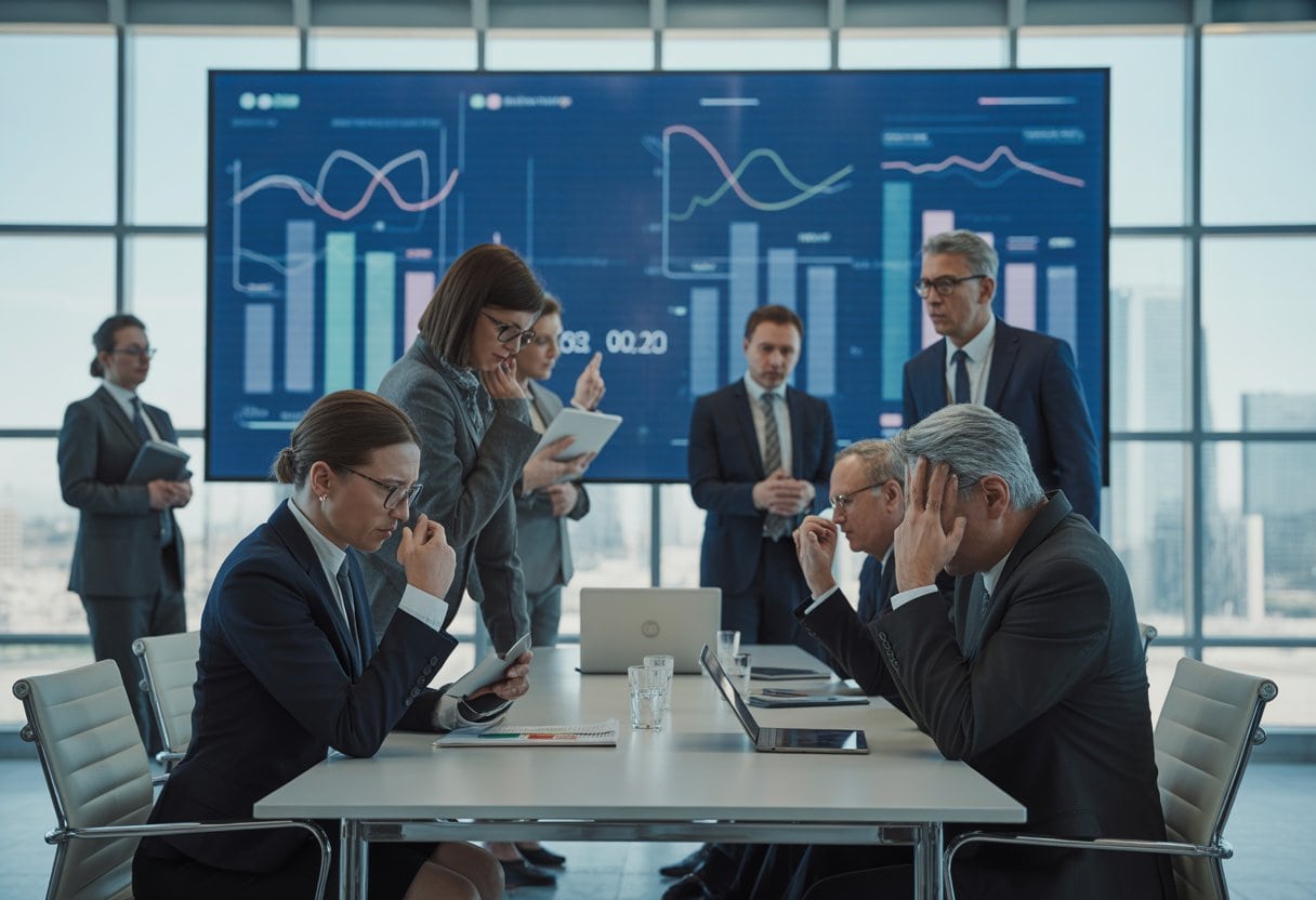 Eine Gruppe von Regierungsbeamten diskutiert in einem modernen Konferenzraum vor einer Stadtlandschaft und analysiert Diagramme auf einem Bildschirm.