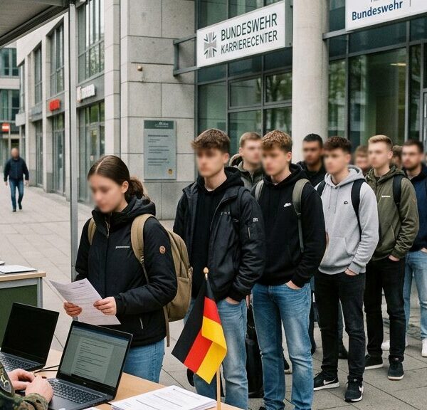 Junge Erwachsene vor einem Karrierecenter der Bundeswehr bei der Erfassung zum neuen Wehrdienst