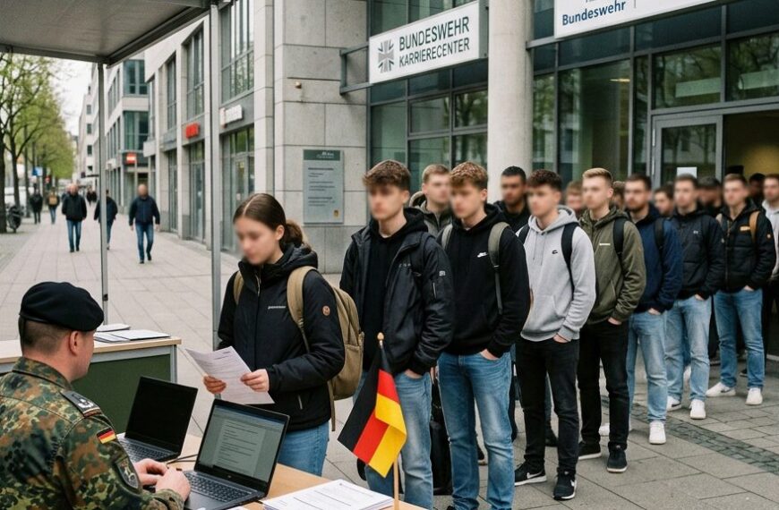 Junge Erwachsene vor einem Karrierecenter der Bundeswehr bei der Erfassung zum neuen Wehrdienst
