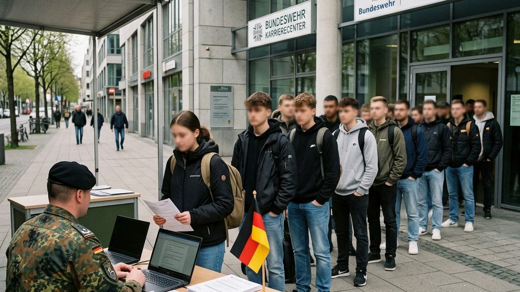 Junge Erwachsene vor einem Karrierecenter der Bundeswehr bei der Erfassung zum neuen Wehrdienst